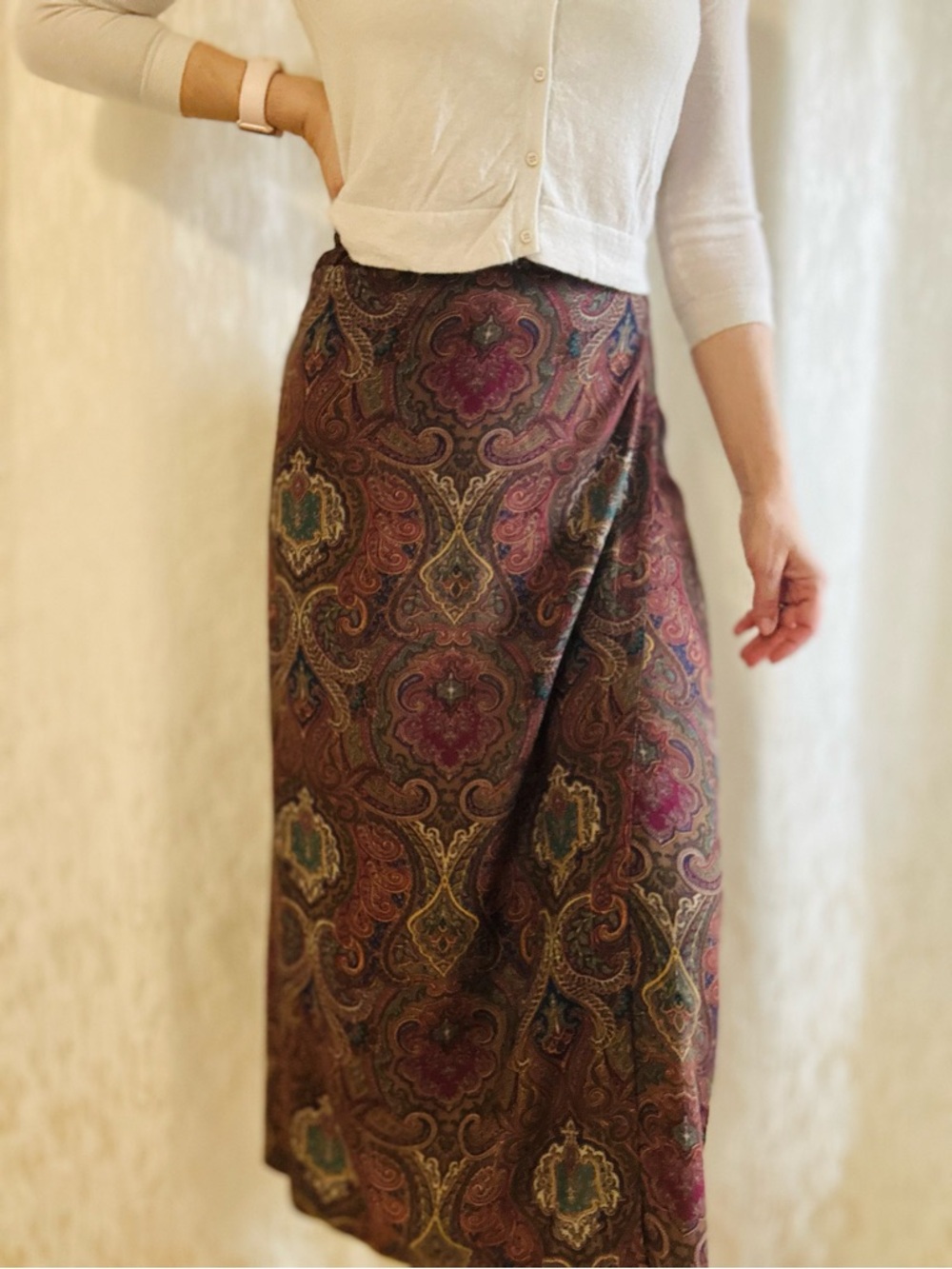 Vintage Brown Paisley Maxi Skirt with Teal and Magenta Accents -size XL